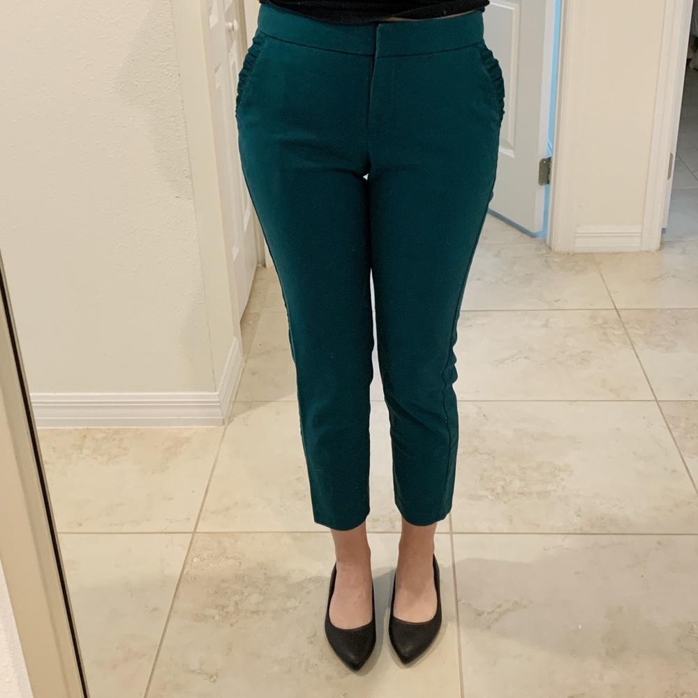 Express teal columnist ankle pant ruffle pocket